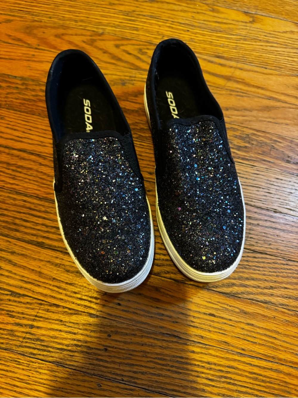 Soda Black Glitter Slip-On Sneakers with Multicolor Sparkle small platform